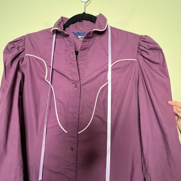 Vintage 70s Prairie Cottage Core Purple Collared Piping Pioneer Midi Dress Med - Picture 10 of 10